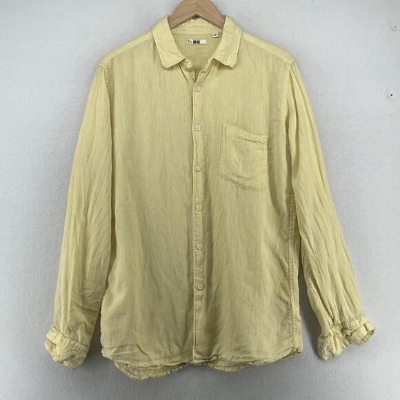 UNIQLO Shirt Mens L 100% Premium Linen Lightweight Button Up Long Sleeve Yellow - Picture 1 of 13